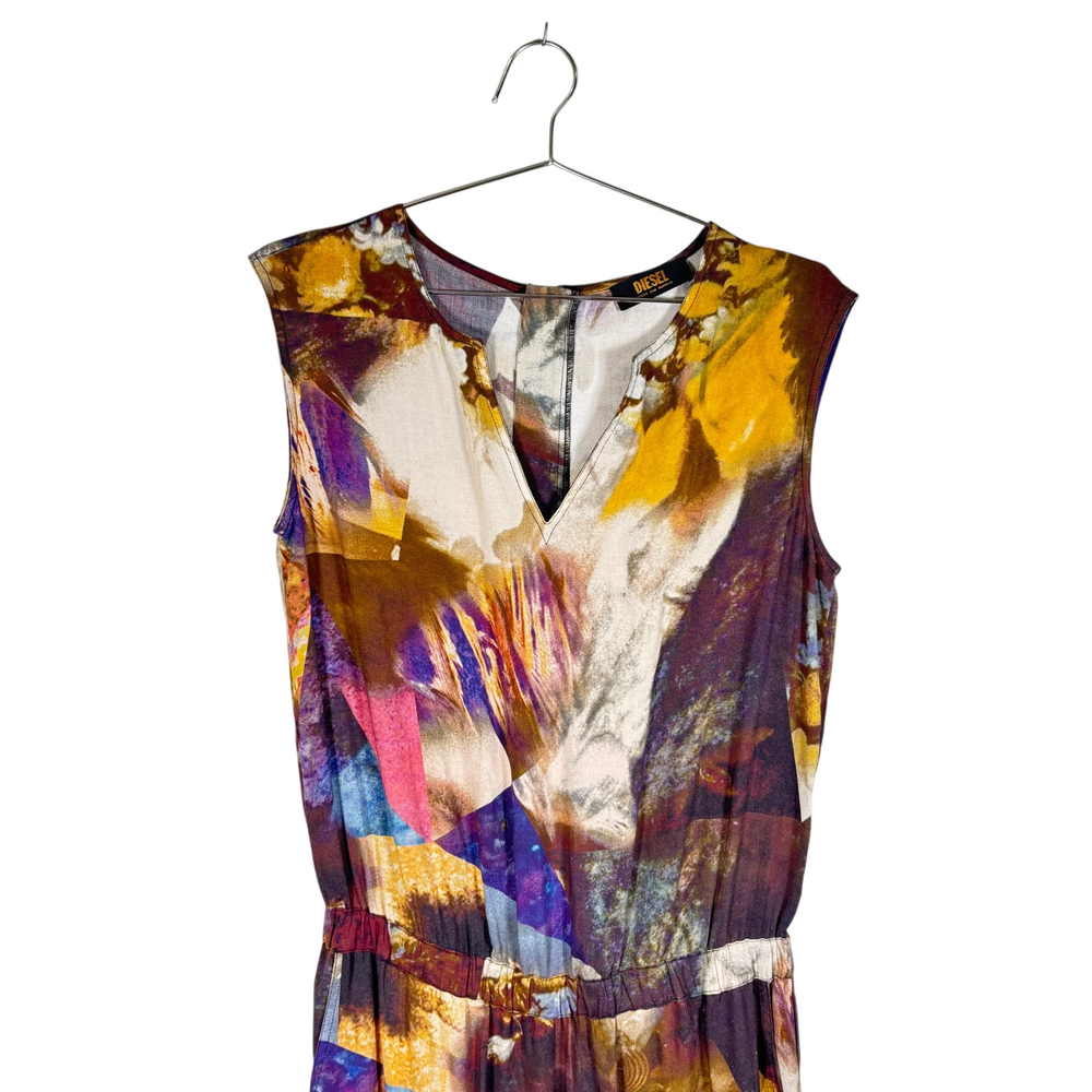 Diesel multicolor abstract print sleeveless jumpsuit with V neckline, elastic wa - Picture 3 of 9